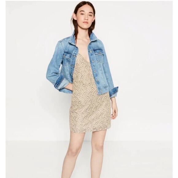 ZARA Beige Gray Lace Spaghetti Strap Lined Slip Dress size Small - Picture 1 of 11